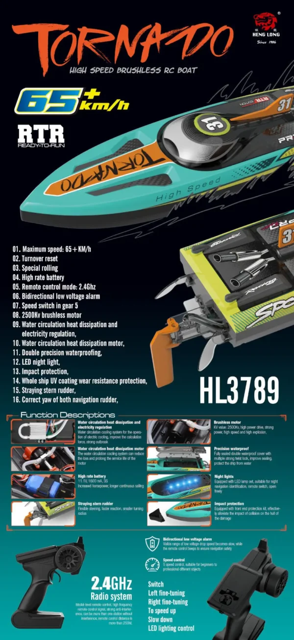 RC Racing Boot "HL Tornado" Brushless Motor, ESC, Servo, 65 km/h - mit Lipo und 2,4Ghz – Bild 5