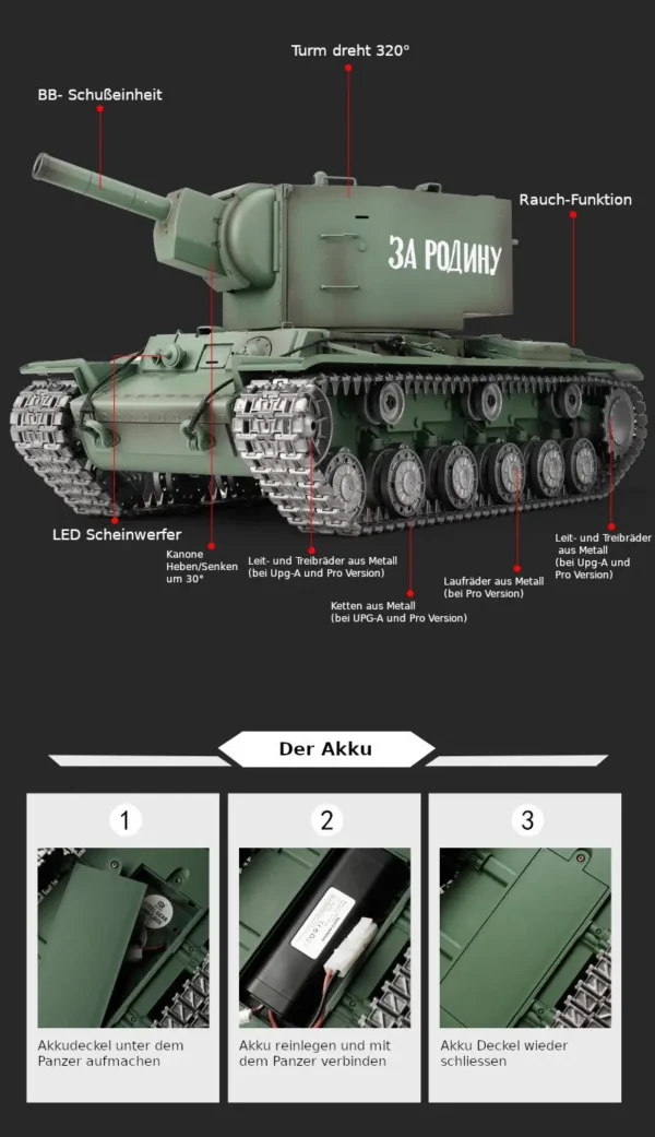 RC Panzer "Russicher KV-2" Heng Long 1:16 mit R&S, Metallgetriebe (Stahl) und Metallketten -2,4Ghz -V 7.0 - PRO mit RRZ – Bild 10
